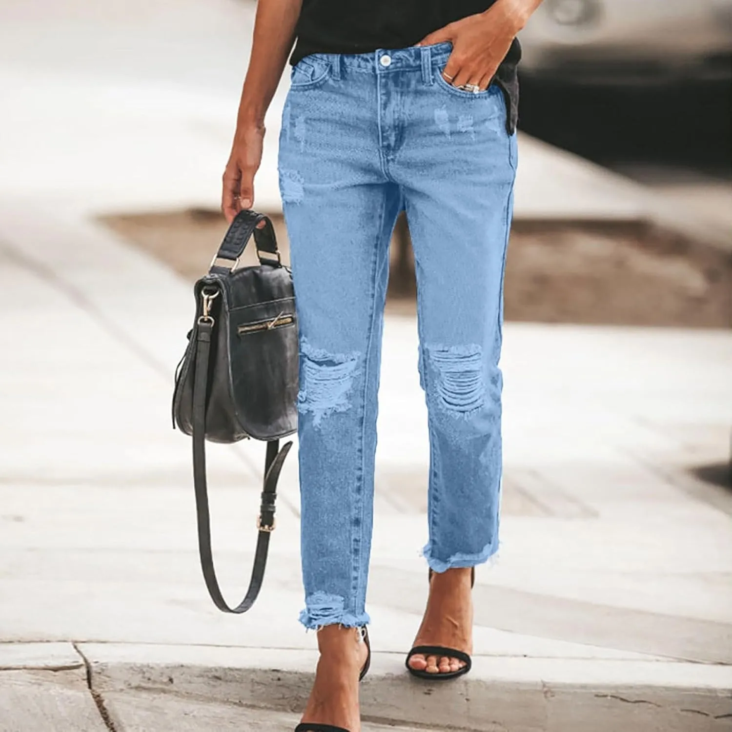 Distressed Jeans for Women Stretchy High Waisted Raw Hem Straight Leg Jeans Loose Fit Ripped Denim Pants with Pocket