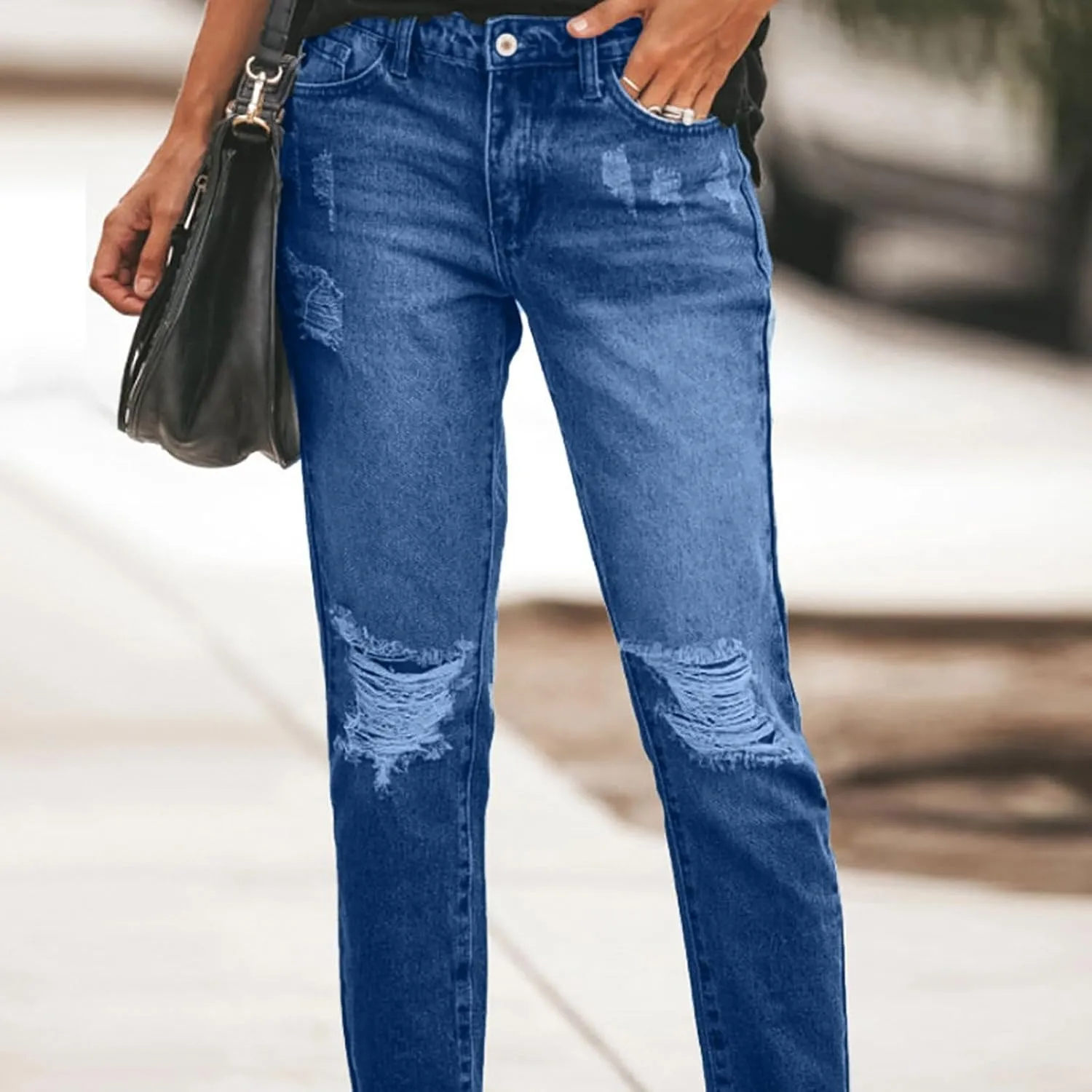 Distressed Jeans for Women Stretchy High Waisted Raw Hem Straight Leg Jeans Loose Fit Ripped Denim Pants with Pocket