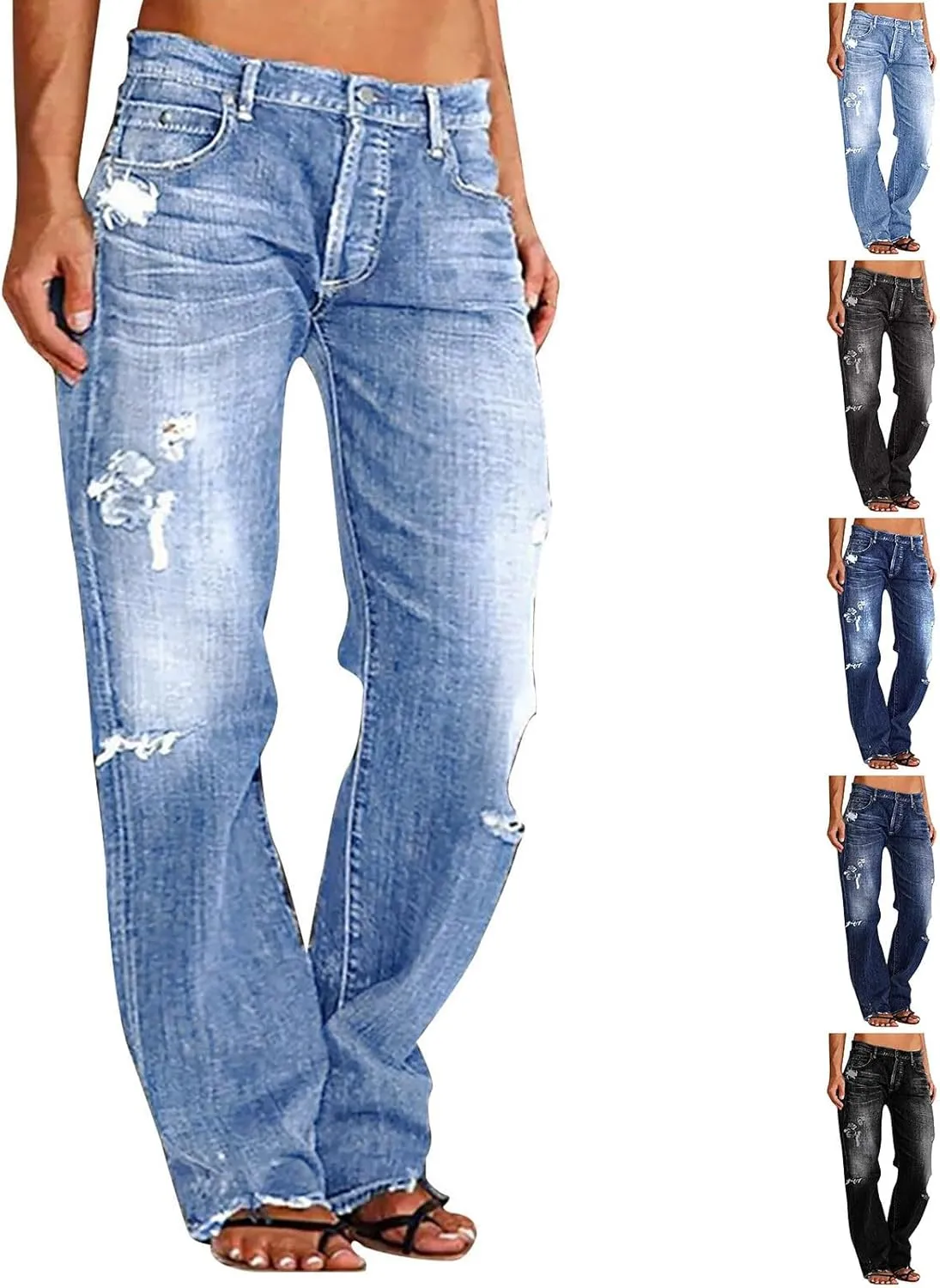 Distressed Jeans for Women Stretchy High Waisted Raw Hem Straight Leg Jeans Loose Fit Ripped Denim Pants with Pocket