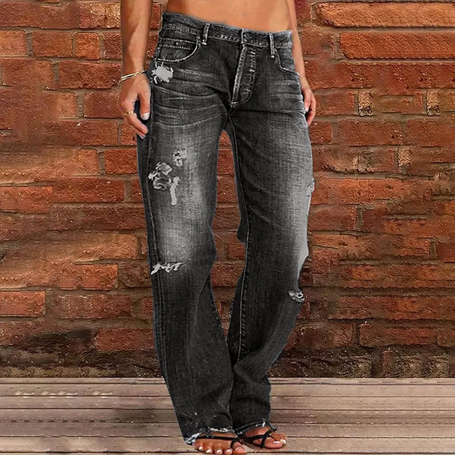 Distressed Jeans for Women Stretchy High Waisted Raw Hem Straight Leg Jeans Loose Fit Ripped Denim Pants with Pocket