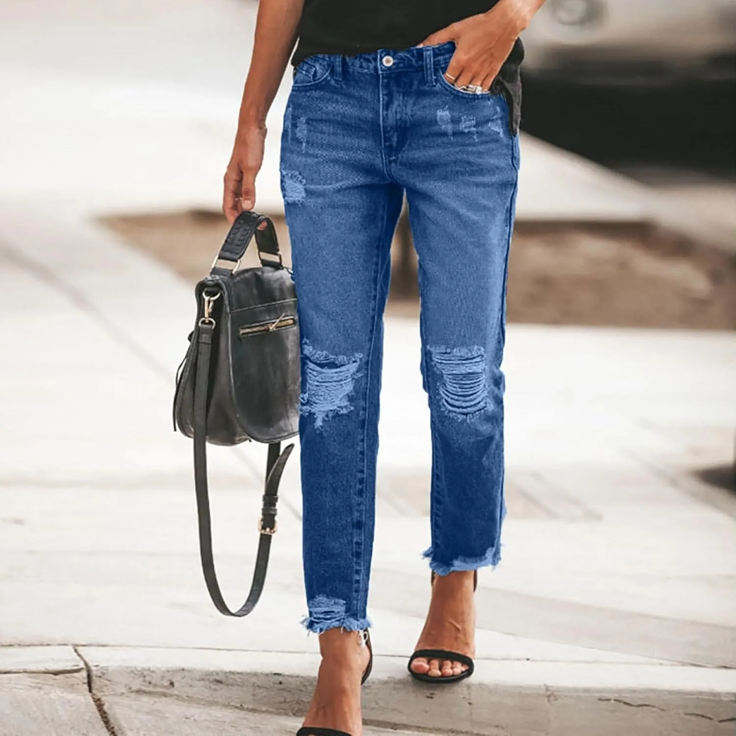 Distressed Jeans for Women Stretchy High Waisted Raw Hem Straight Leg Jeans Loose Fit Ripped Denim Pants with Pocket