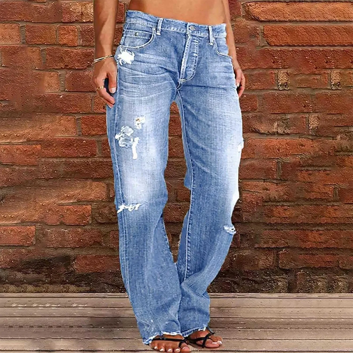 Distressed Jeans for Women Stretchy High Waisted Raw Hem Straight Leg Jeans Loose Fit Ripped Denim Pants with Pocket