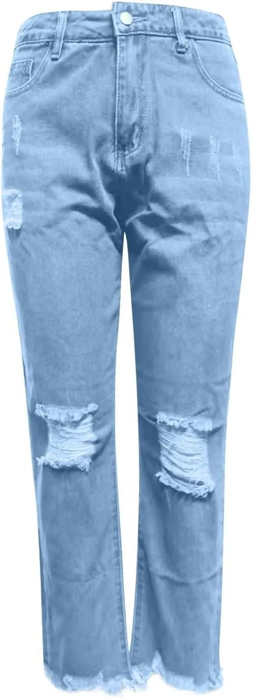 Distressed Jeans for Women Stretchy High Waisted Raw Hem Straight Leg Jeans Loose Fit Ripped Denim Pants with Pocket