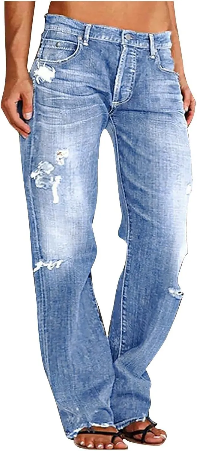 Distressed Jeans for Women Stretchy High Waisted Raw Hem Straight Leg Jeans Loose Fit Ripped Denim Pants with Pocket