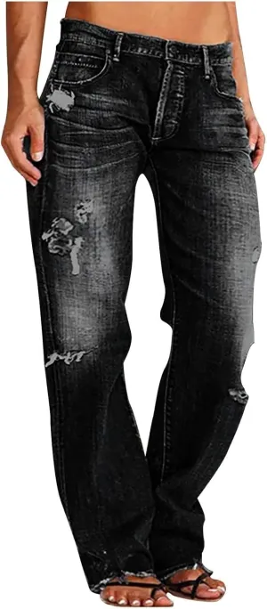 Distressed Jeans for Women Stretchy High Waisted Raw Hem Straight Leg Jeans Loose Fit Ripped Denim Pants with Pocket