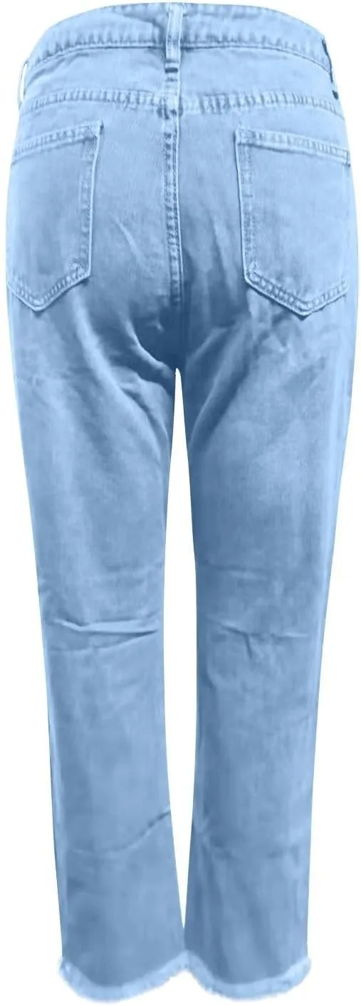 Distressed Jeans for Women Stretchy High Waisted Raw Hem Straight Leg Jeans Loose Fit Ripped Denim Pants with Pocket