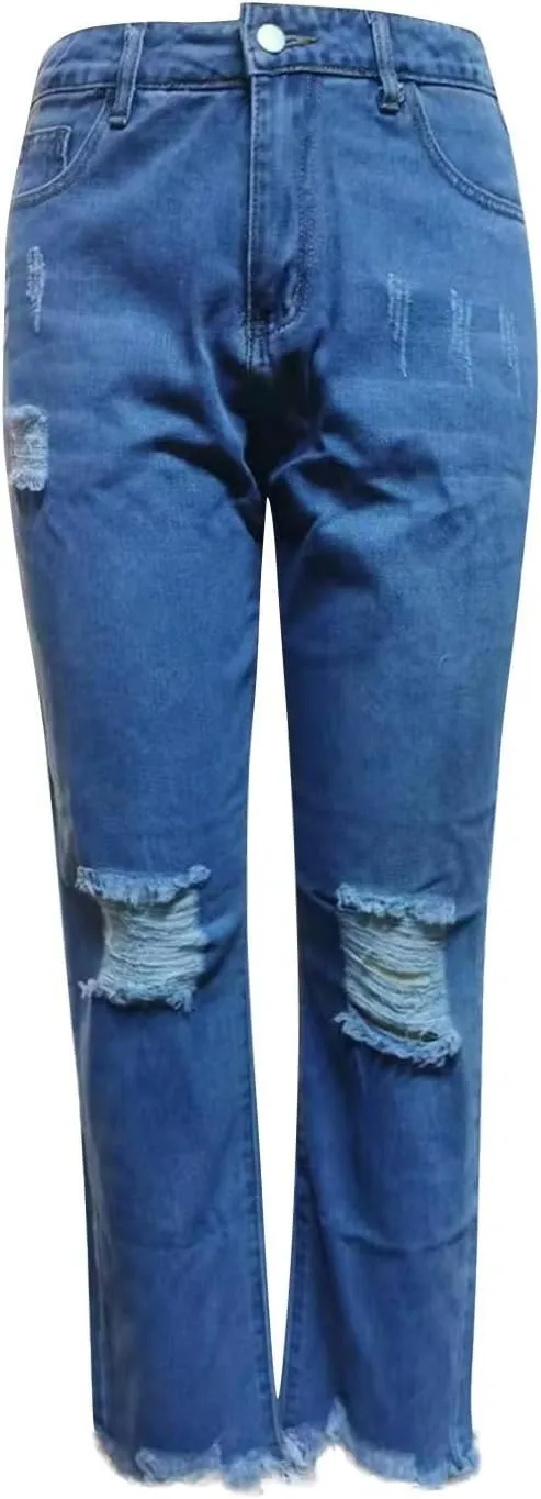 Distressed Jeans for Women Stretchy High Waisted Raw Hem Straight Leg Jeans Loose Fit Ripped Denim Pants with Pocket
