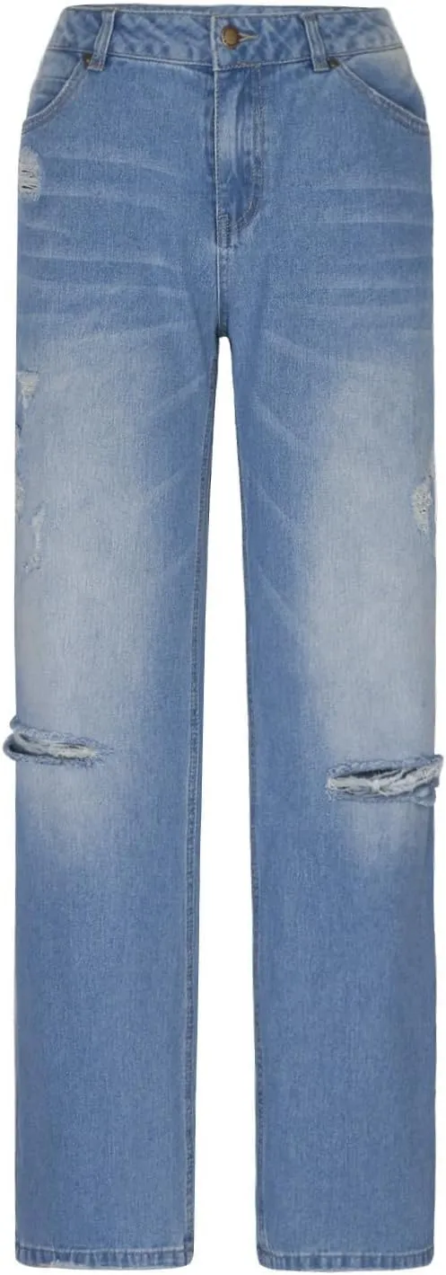 Distressed Jeans for Women Stretchy High Waisted Raw Hem Straight Leg Jeans Loose Fit Ripped Denim Pants with Pocket