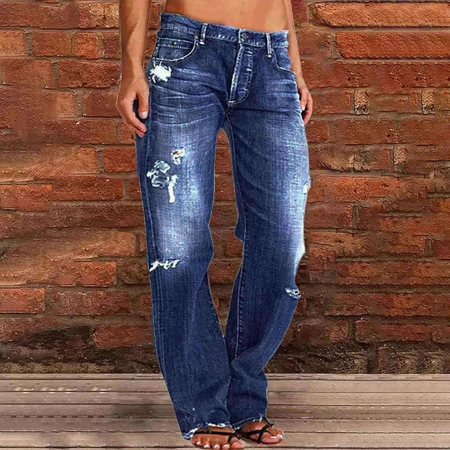 Distressed Jeans for Women Stretchy High Waisted Raw Hem Straight Leg Jeans Loose Fit Ripped Denim Pants with Pocket