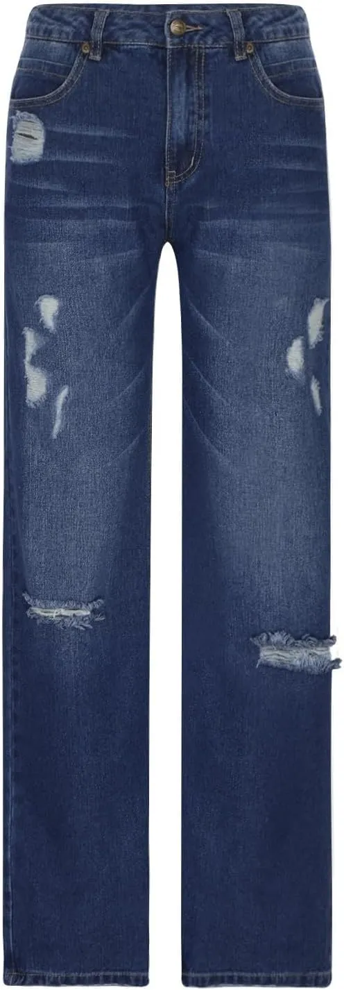 Distressed Jeans for Women Stretchy High Waisted Raw Hem Straight Leg Jeans Loose Fit Ripped Denim Pants with Pocket