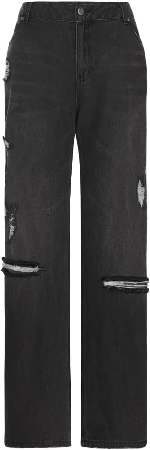 Distressed Jeans for Women Stretchy High Waisted Raw Hem Straight Leg Jeans Loose Fit Ripped Denim Pants with Pocket