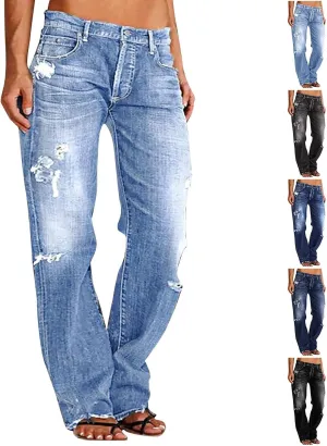 Distressed Jeans for Women Stretchy High Waisted Raw Hem Straight Leg Jeans Loose Fit Ripped Denim Pants with Pocket