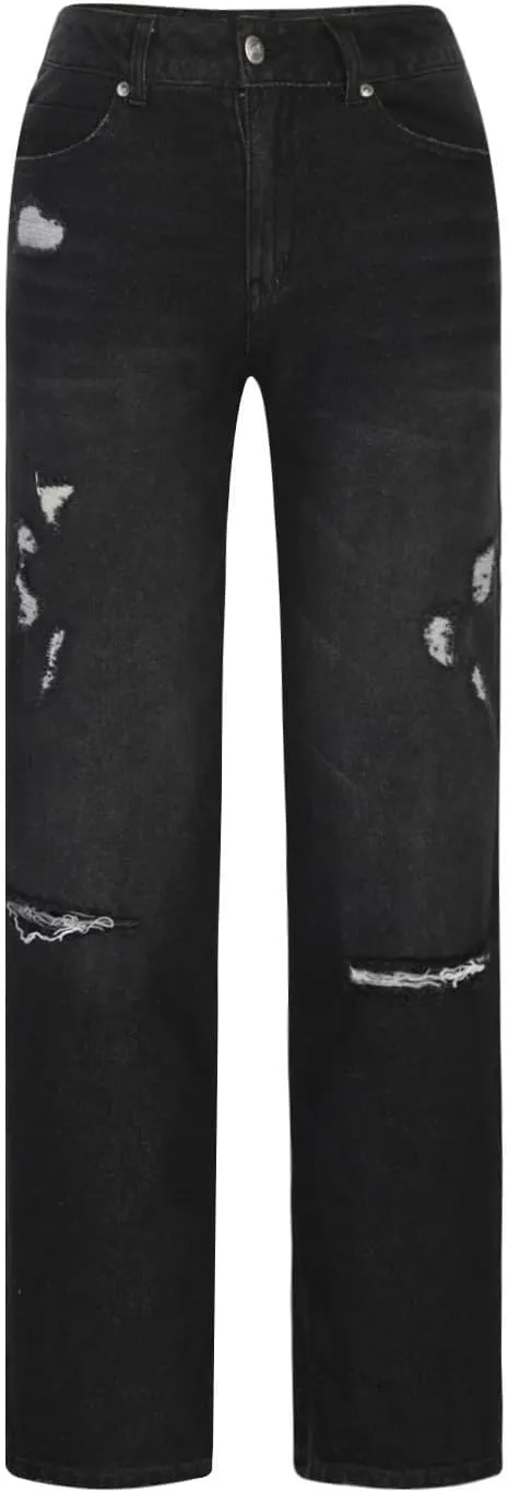 Distressed Jeans for Women Stretchy High Waisted Raw Hem Straight Leg Jeans Loose Fit Ripped Denim Pants with Pocket