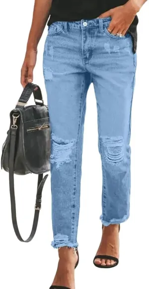 Distressed Jeans for Women Stretchy High Waisted Raw Hem Straight Leg Jeans Loose Fit Ripped Denim Pants with Pocket