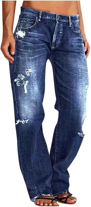 Distressed Jeans for Women Stretchy High Waisted Raw Hem Straight Leg Jeans Loose Fit Ripped Denim Pants with Pocket