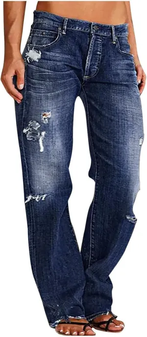 Distressed Jeans for Women Stretchy High Waisted Raw Hem Straight Leg Jeans Loose Fit Ripped Denim Pants with Pocket