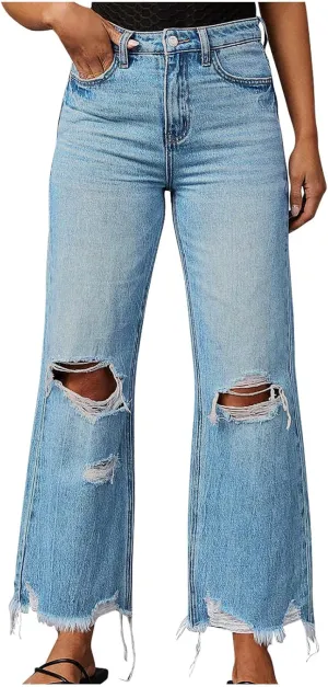 Distressed Wide Leg Jeans for Women High Waisted Loose Ripped Boyfriend Jeans Y2K Stretch Denim Jean Pants Streetwear