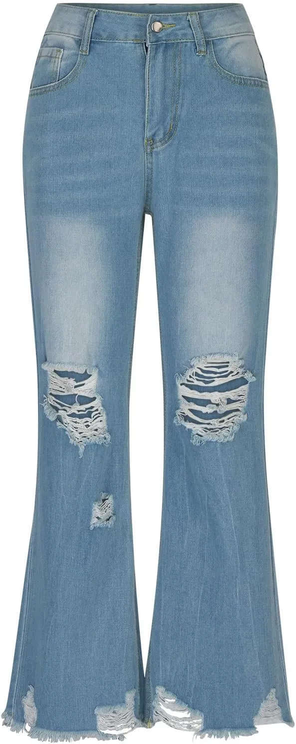 Distressed Wide Leg Jeans for Women High Waisted Loose Ripped Boyfriend Jeans Y2K Stretch Denim Jean Pants Streetwear
