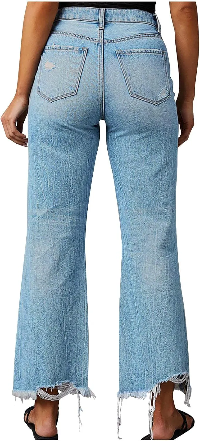 Distressed Wide Leg Jeans for Women High Waisted Loose Ripped Boyfriend Jeans Y2K Stretch Denim Jean Pants Streetwear