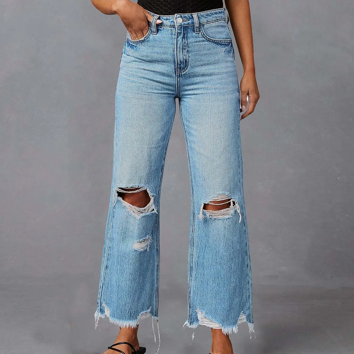Distressed Wide Leg Jeans for Women High Waisted Loose Ripped Boyfriend Jeans Y2K Stretch Denim Jean Pants Streetwear