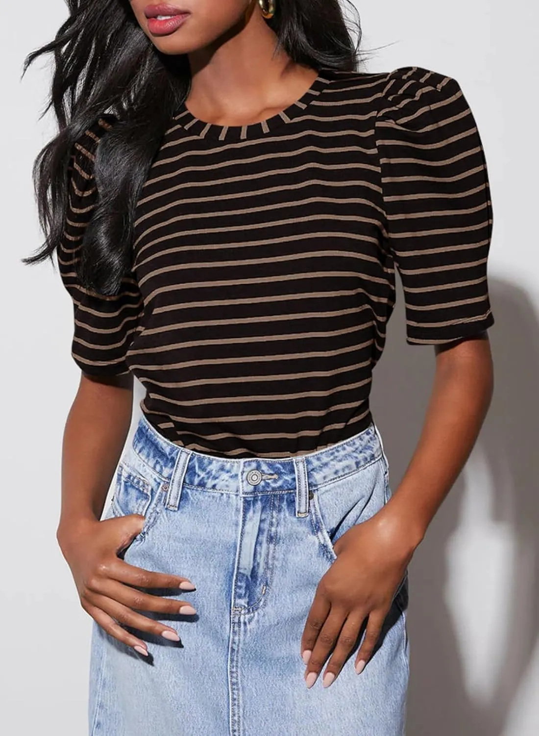 Dokotoo Women's Casual Short Puff Sleeve Crew Neck Striped T Shirts Summer Tops