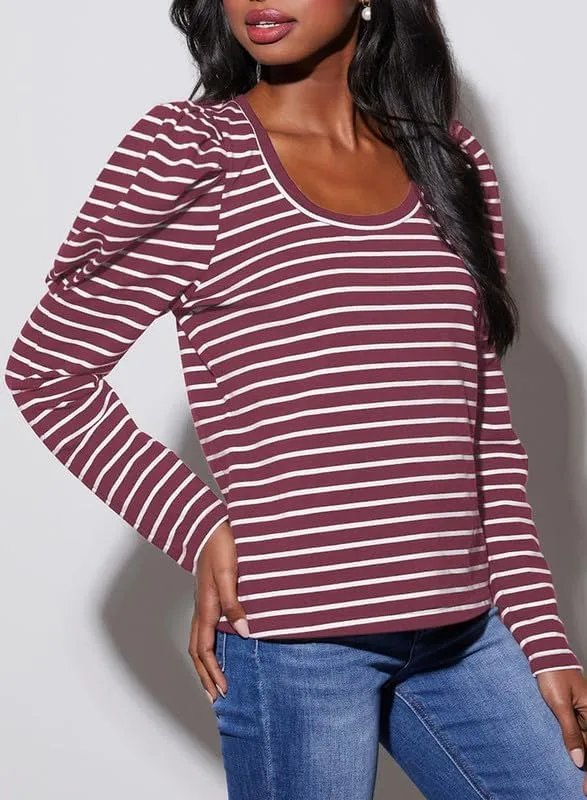 Dokotoo Women's Puff Long Sleeve Knit Tops Casual Crewneck Neck Striped T Shirts 2024 Trendy Blouses