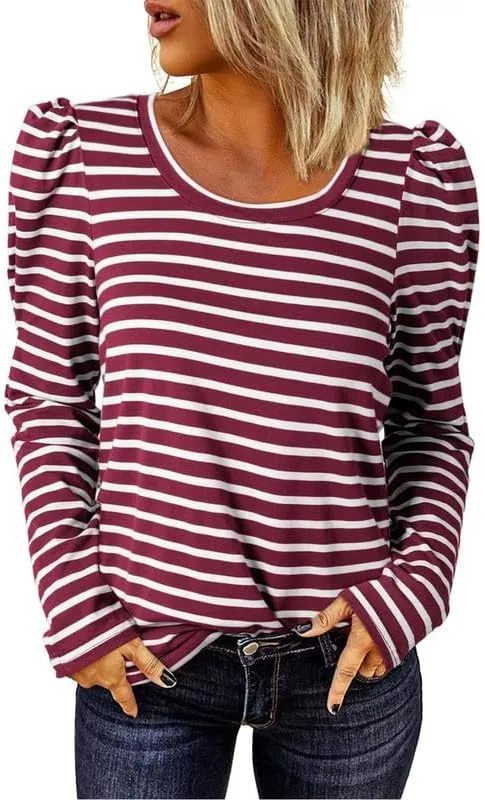Dokotoo Women's Puff Long Sleeve Knit Tops Casual Crewneck Neck Striped T Shirts 2024 Trendy Blouses