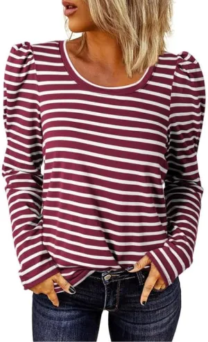 Dokotoo Women's Puff Long Sleeve Knit Tops Casual Crewneck Neck Striped T Shirts 2024 Trendy Blouses