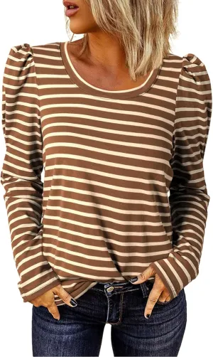 Dokotoo Women's Puff Long Sleeve Knit Tops Casual Crewneck Neck Striped T Shirts 2024 Trendy Blouses