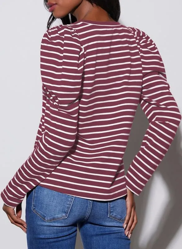 Dokotoo Women's Puff Long Sleeve Knit Tops Casual Crewneck Neck Striped T Shirts 2024 Trendy Blouses