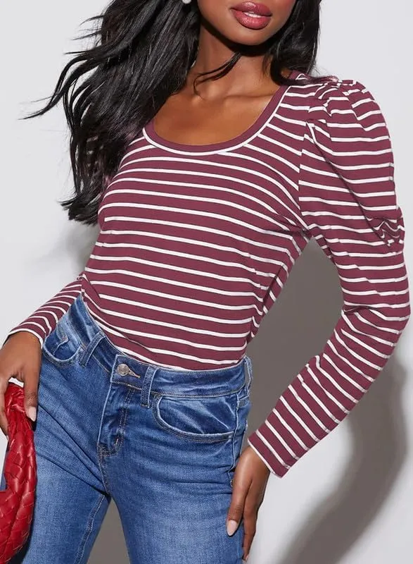 Dokotoo Women's Puff Long Sleeve Knit Tops Casual Crewneck Neck Striped T Shirts 2024 Trendy Blouses
