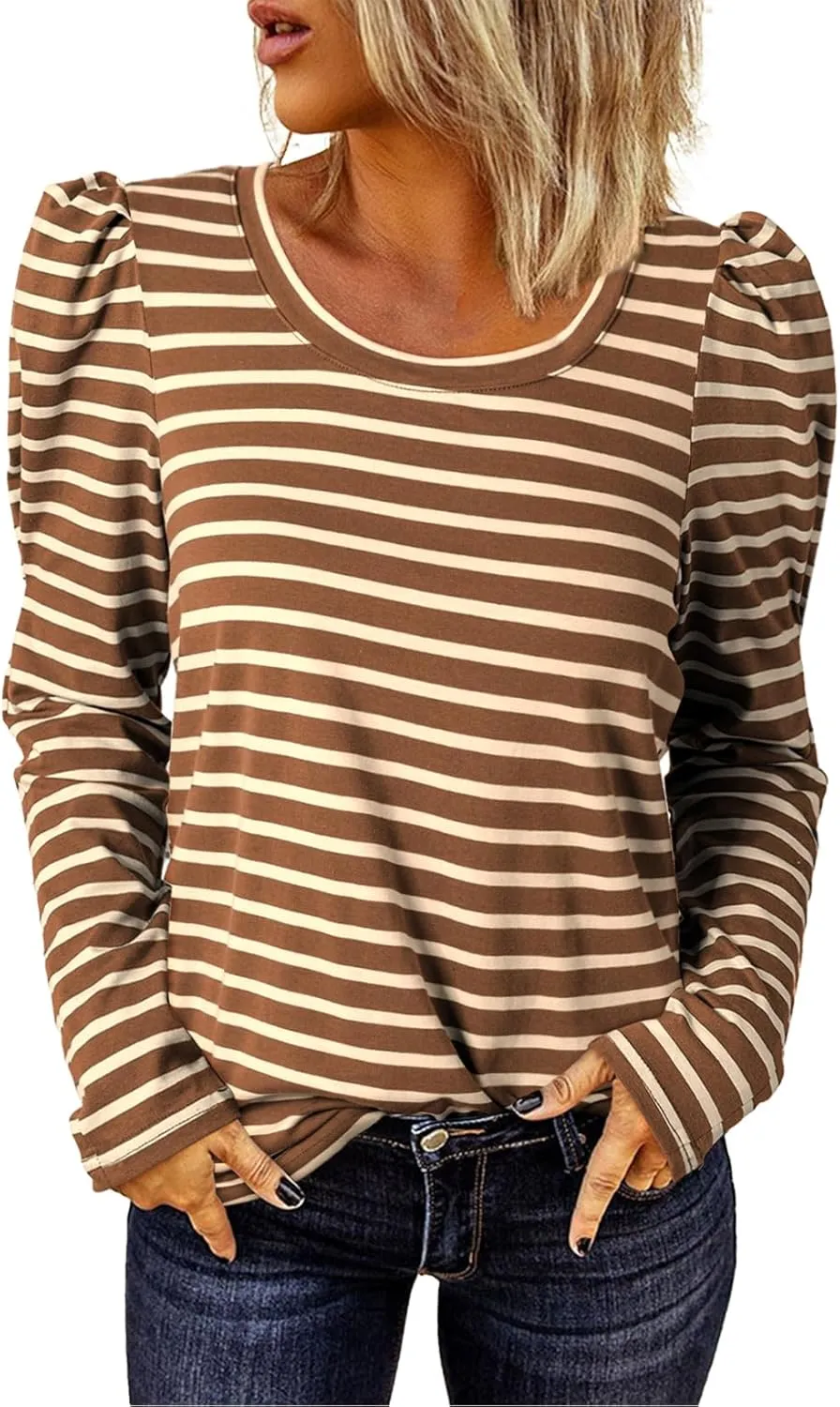 Dokotoo Women's Puff Long Sleeve Knit Tops Casual Crewneck Neck Striped T Shirts 2024 Trendy Blouses
