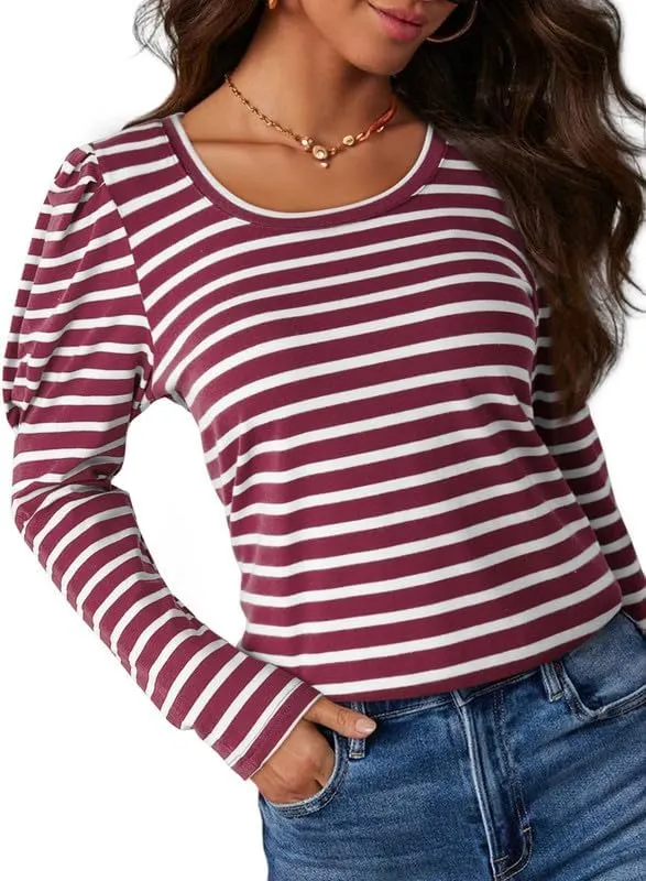 Dokotoo Women's Puff Long Sleeve Knit Tops Casual Crewneck Neck Striped T Shirts 2024 Trendy Blouses
