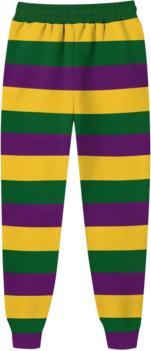 Elastic Waist Pants for Men Color Block Mardi Gras Print Exercise Pants Comfy Relaxed Fit Joggers Sweatpants