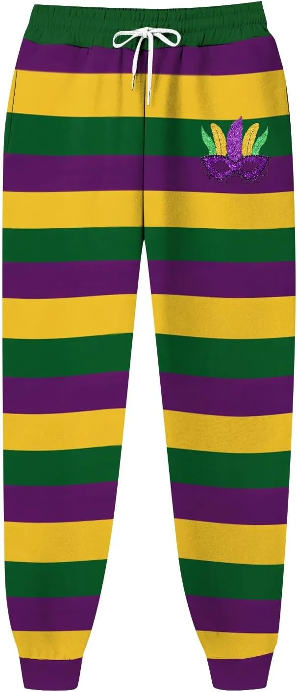 Elastic Waist Pants for Men Color Block Mardi Gras Print Exercise Pants Comfy Relaxed Fit Joggers Sweatpants