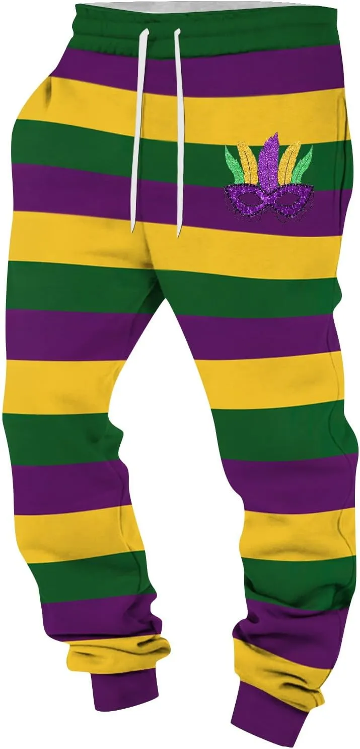 Elastic Waist Pants for Men Color Block Mardi Gras Print Exercise Pants Comfy Relaxed Fit Joggers Sweatpants