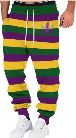 Elastic Waist Pants for Men Color Block Mardi Gras Print Exercise Pants Comfy Relaxed Fit Joggers Sweatpants