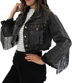 Elegant Fringe Cropped Denim Jacket for Women – Modern Cropped Silhouette & Comfortable Distressed Fabric
