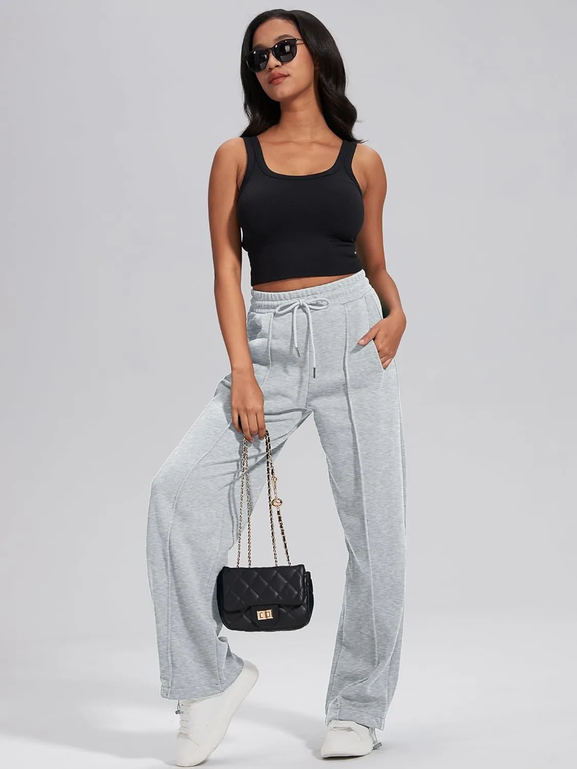 ELLEVEN Women's Wide-Leg Sweatpants, Cotton Joggers Causal Drawstring High Waist Baggy Pants with Pockets