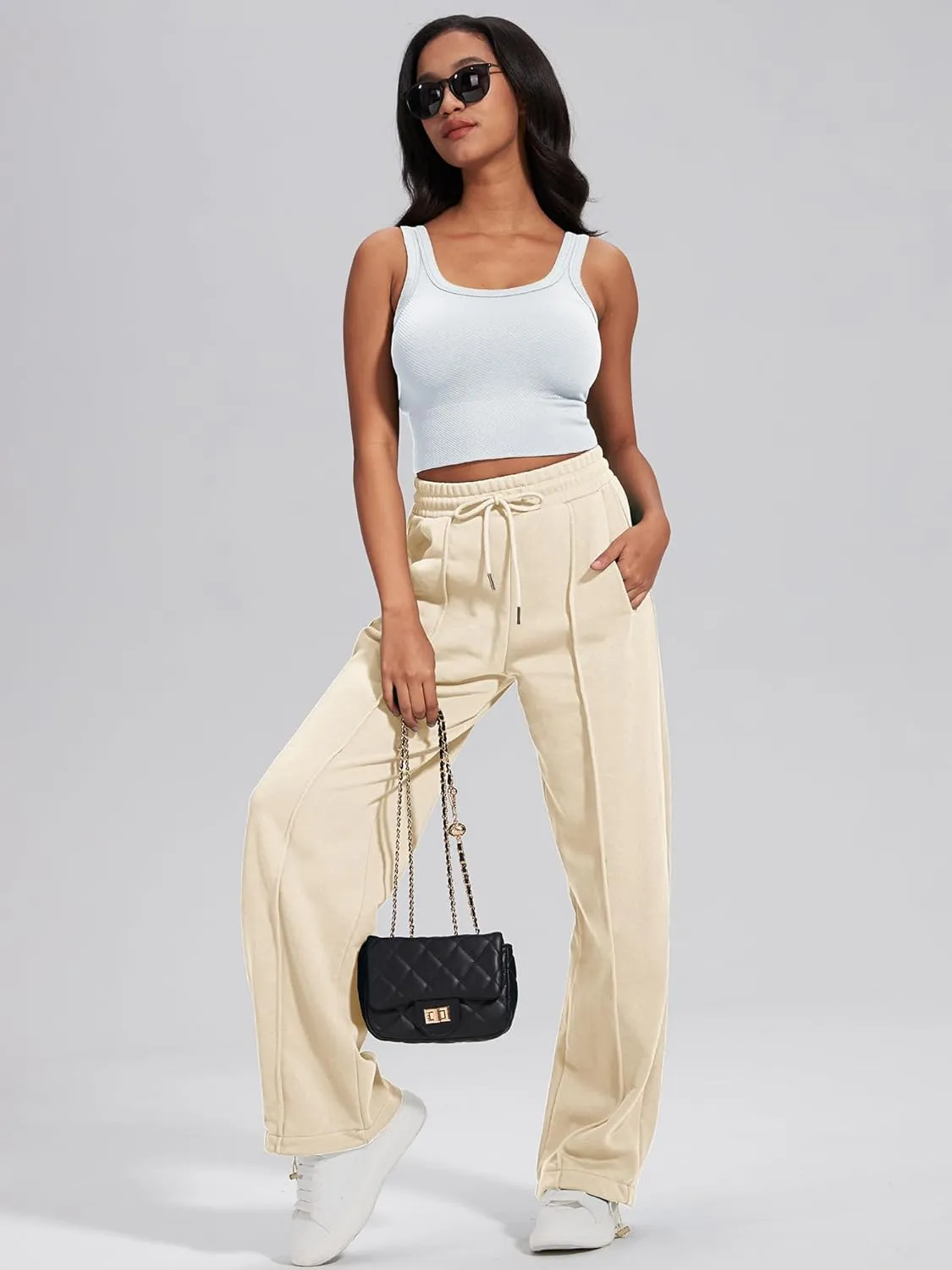 ELLEVEN Women's Wide-Leg Sweatpants, Cotton Joggers Causal Drawstring High Waist Baggy Pants with Pockets