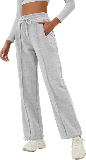 ELLEVEN Women's Wide-Leg Sweatpants, Cotton Joggers Causal Drawstring High Waist Baggy Pants with Pockets