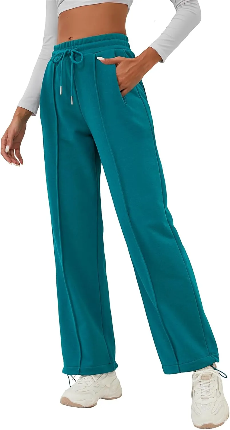 ELLEVEN Women's Wide-Leg Sweatpants, Cotton Joggers Causal Drawstring High Waist Baggy Pants with Pockets