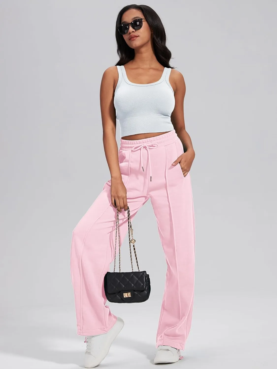 ELLEVEN Women's Wide-Leg Sweatpants, Cotton Joggers Causal Drawstring High Waist Baggy Pants with Pockets