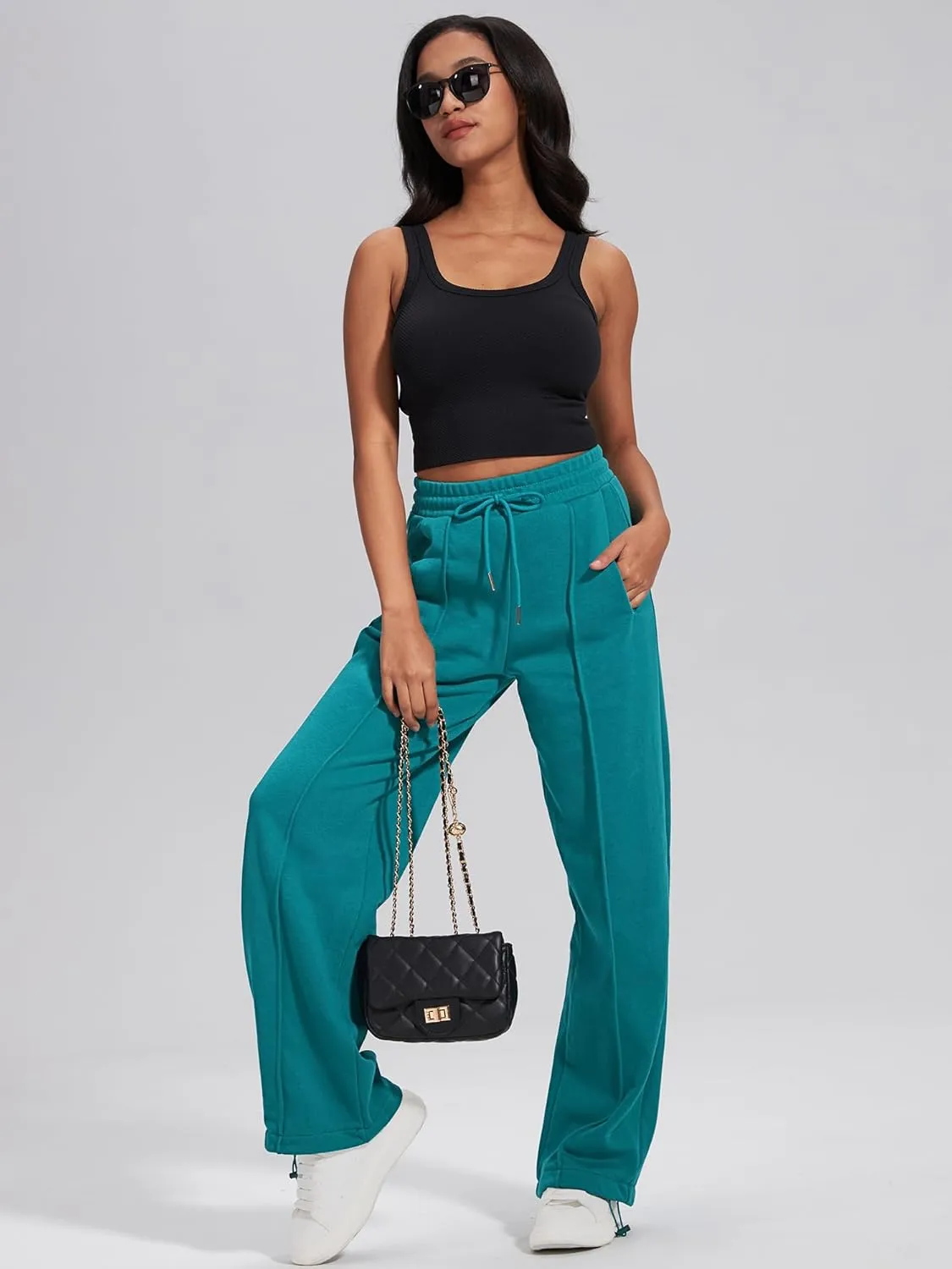 ELLEVEN Women's Wide-Leg Sweatpants, Cotton Joggers Causal Drawstring High Waist Baggy Pants with Pockets