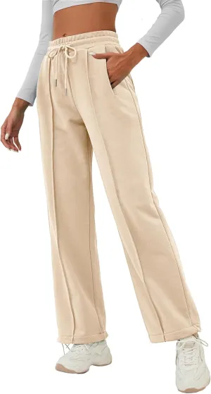 ELLEVEN Women's Wide-Leg Sweatpants, Cotton Joggers Causal Drawstring High Waist Baggy Pants with Pockets
