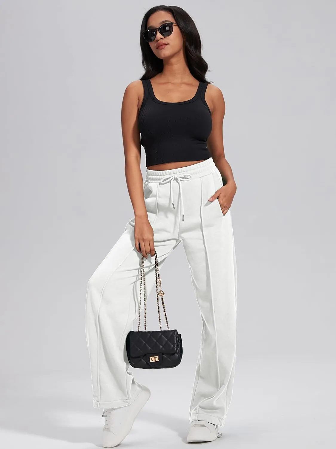 ELLEVEN Women's Wide-Leg Sweatpants, Cotton Joggers Causal Drawstring High Waist Baggy Pants with Pockets
