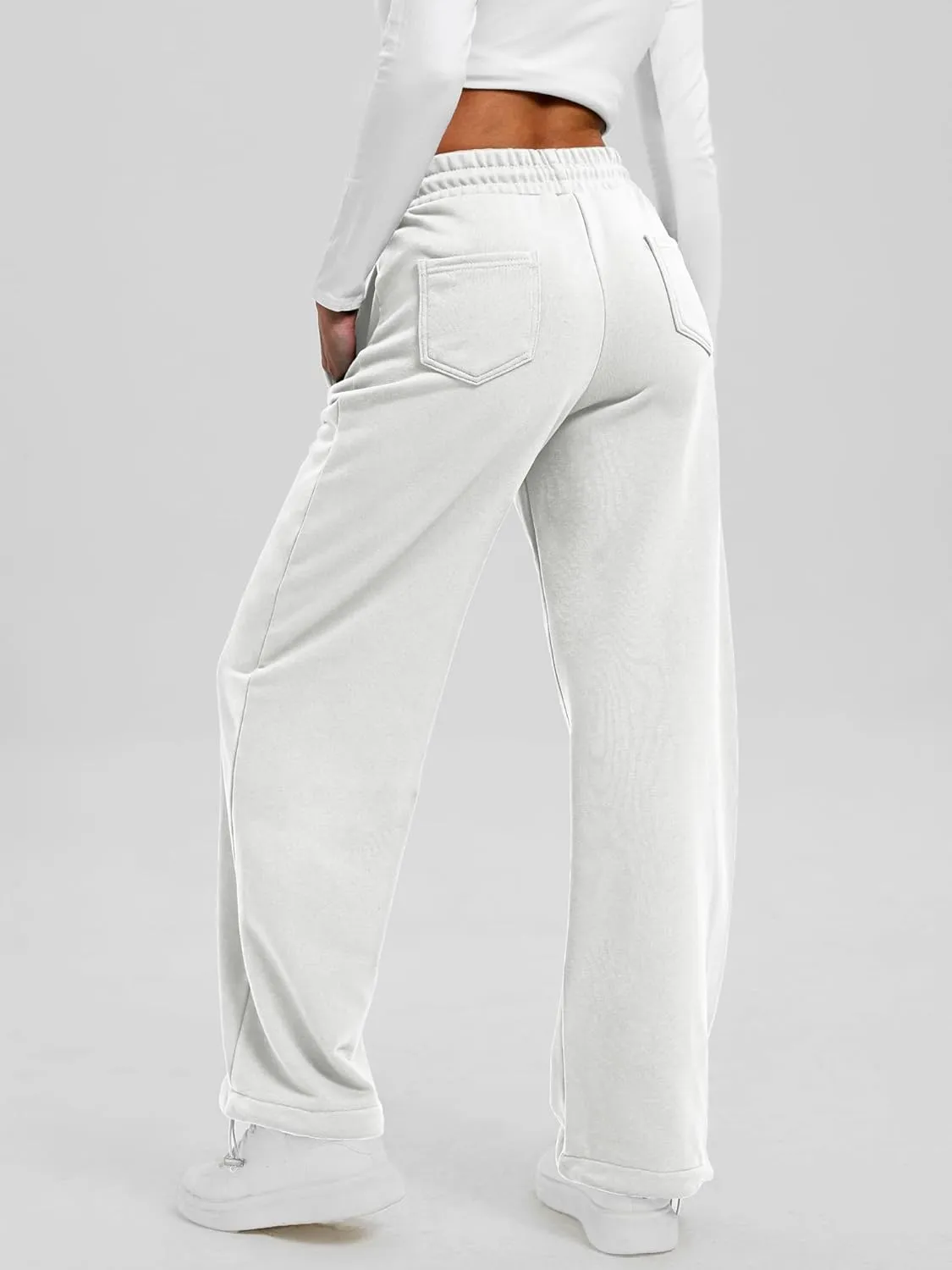 ELLEVEN Women's Wide-Leg Sweatpants, Cotton Joggers Causal Drawstring High Waist Baggy Pants with Pockets