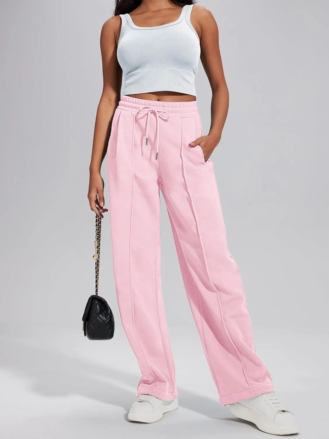 ELLEVEN Women's Wide-Leg Sweatpants, Cotton Joggers Causal Drawstring High Waist Baggy Pants with Pockets