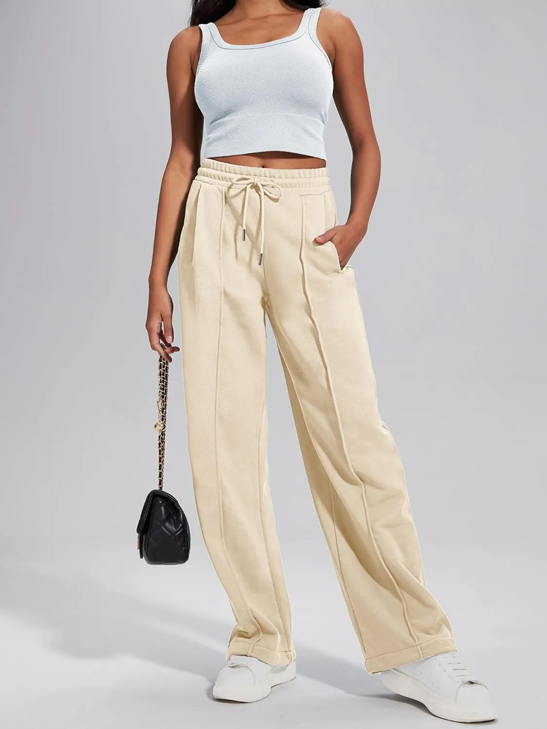 ELLEVEN Women's Wide-Leg Sweatpants, Cotton Joggers Causal Drawstring High Waist Baggy Pants with Pockets
