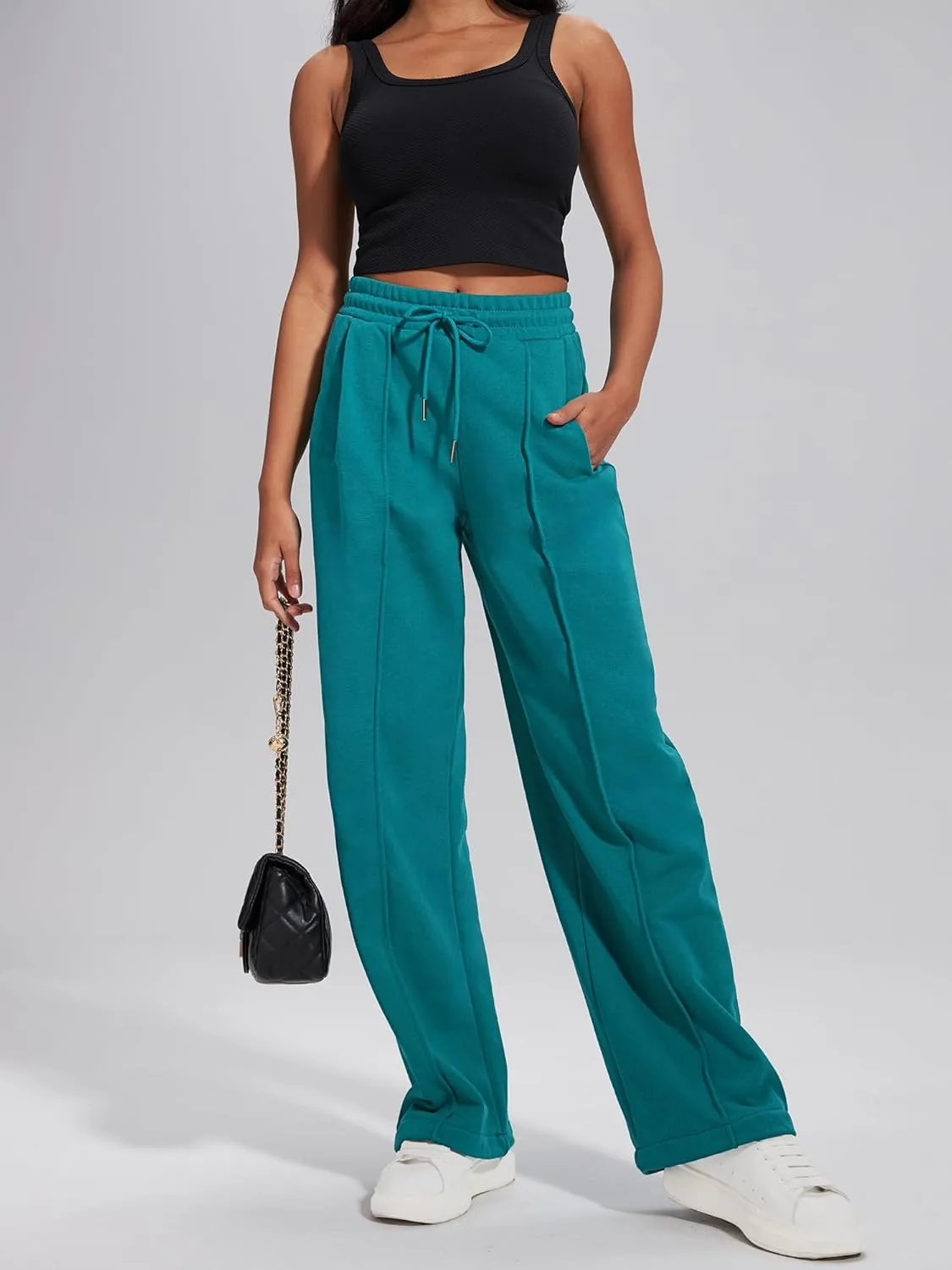 ELLEVEN Women's Wide-Leg Sweatpants, Cotton Joggers Causal Drawstring High Waist Baggy Pants with Pockets